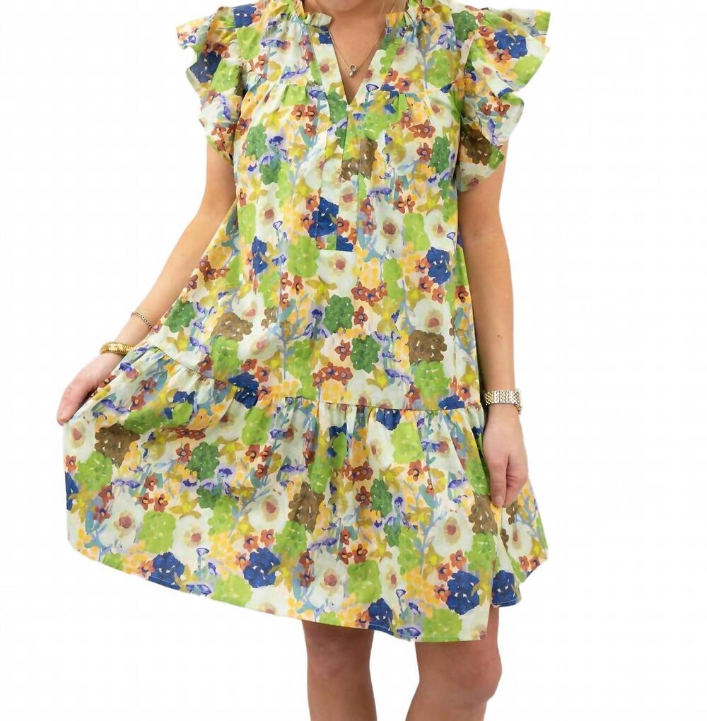 NEW ENTRO floral ruffle sleeve dress in green